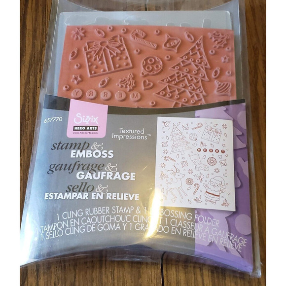 Sizzix / Hero Arts Stamp & Emboss Textured Background Merry Christmas Set - Picture 1 of 5